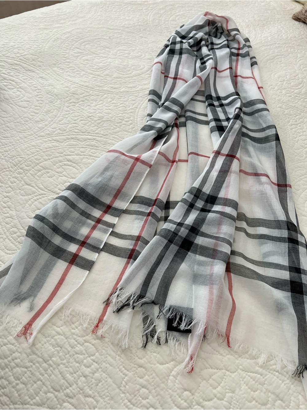 Lord & Taylor White Plaid Scarf with Black & Red Stripes